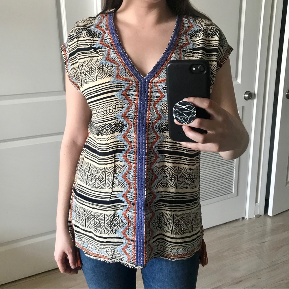 THML Geo Print Top w Crochet and Tassle Accents - Picture 2 of 5